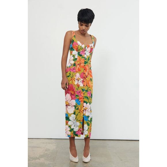 MARA HOFFMAN Green Perennial Floral Print Bustier Button Angelica Dress Size 8 - Picture 1 of 15